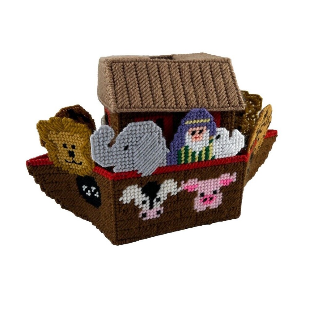 Handcrafted Plastic Canvas Needlepoint Noah’s Ark Tissue Box Cover Yarn Art Gift